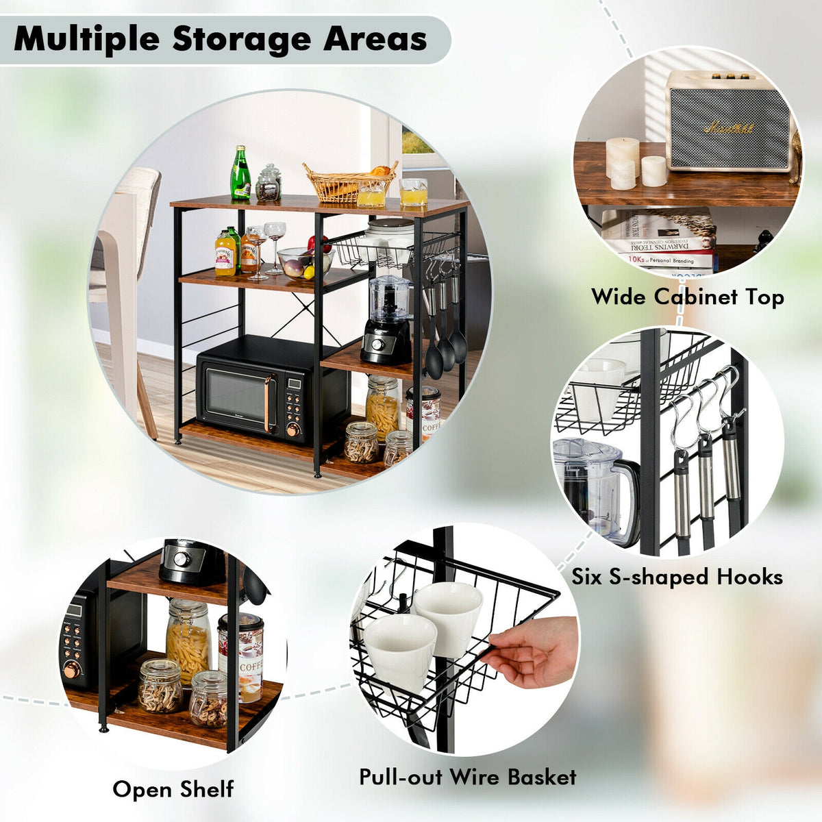 Industrial Kitchen Baker's Rack Microwave Shelf with 6 Hooks-Brown-Baker’s Racks-DECOROLALA