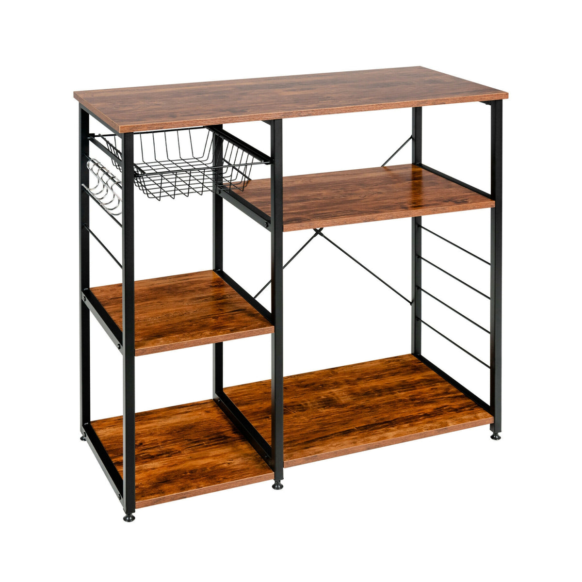 Industrial Kitchen Baker's Rack Microwave Shelf with 6 Hooks-Brown-Baker’s Racks-DECOROLALA