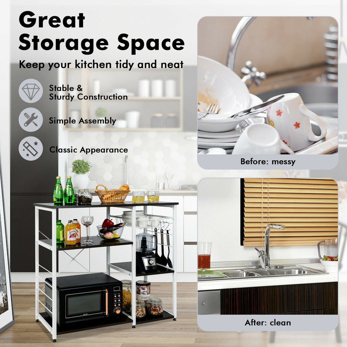Industrial Kitchen Baker's Rack Microwave Shelf with 6 Hooks-Dark Brown-Baker’s Racks-DECOROLALA