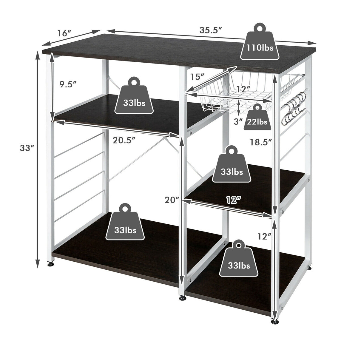 Industrial Kitchen Baker's Rack Microwave Shelf with 6 Hooks-Dark Brown-Baker’s Racks-DECOROLALA