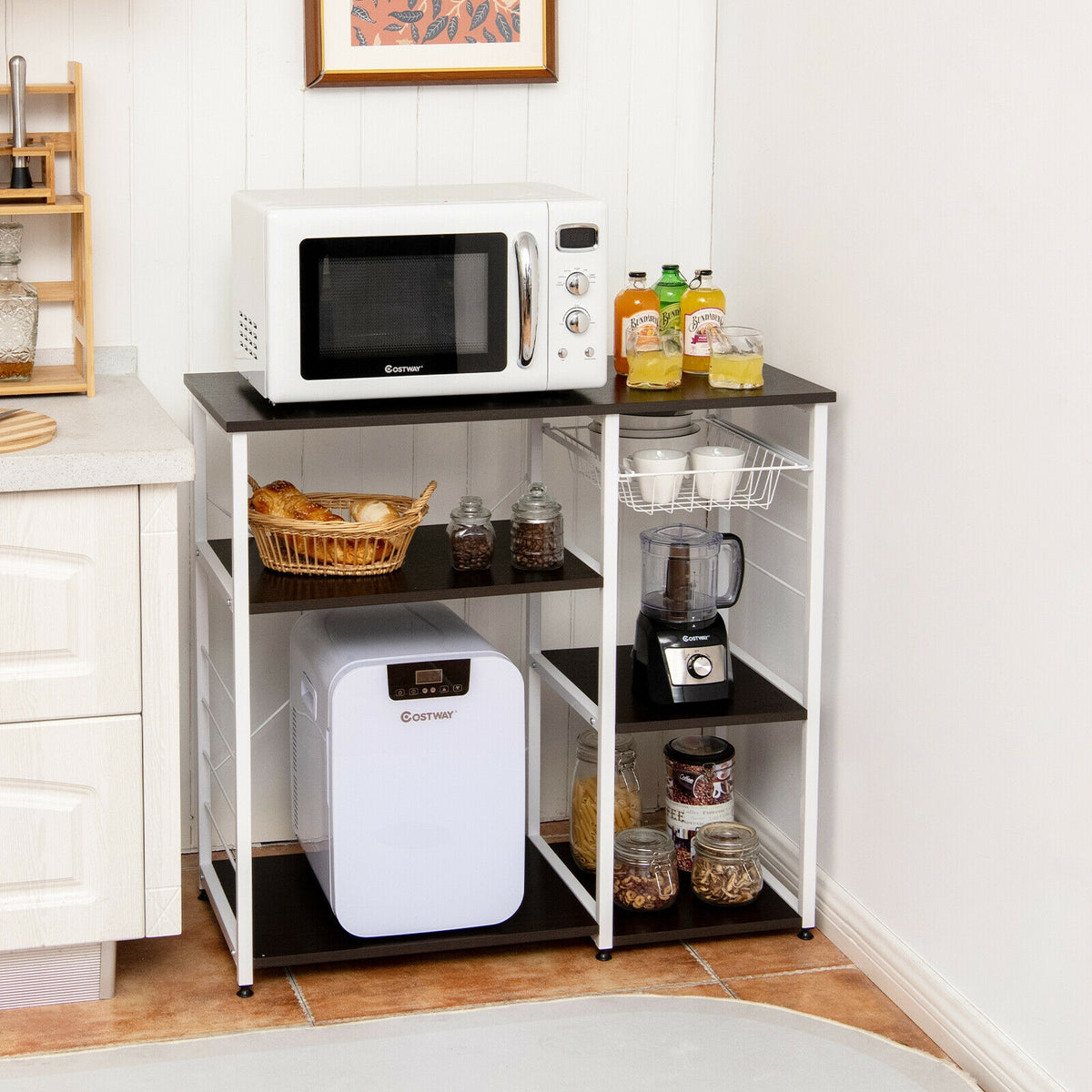Industrial Kitchen Baker's Rack Microwave Shelf with 6 Hooks-Dark Brown-Baker’s Racks-DECOROLALA