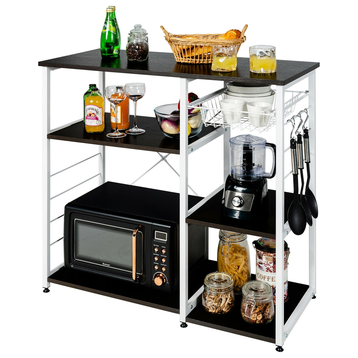 Industrial Kitchen Baker's Rack Microwave Shelf with 6 Hooks-Dark Brown-Baker’s Racks-DECOROLALA