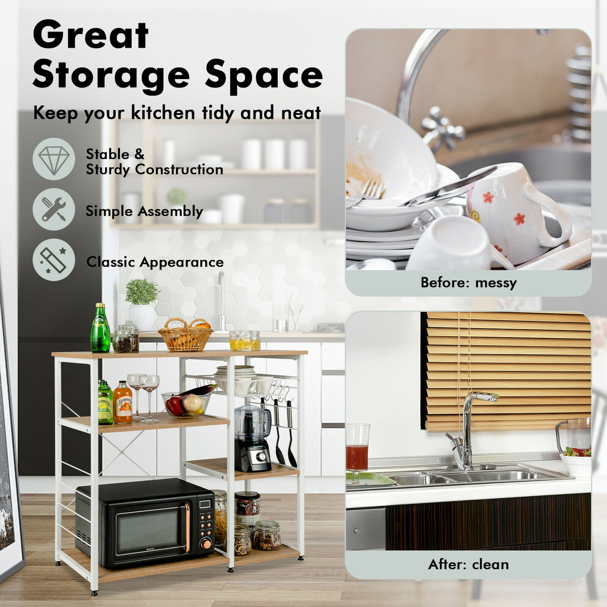 Industrial Kitchen Baker's Rack Microwave Shelf with 6 Hooks-Natural-Baker’s Racks-DECOROLALA