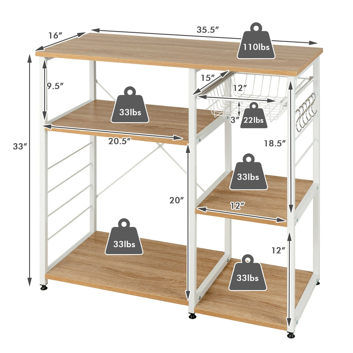 Industrial Kitchen Baker's Rack Microwave Shelf with 6 Hooks-Natural-Baker’s Racks-DECOROLALA