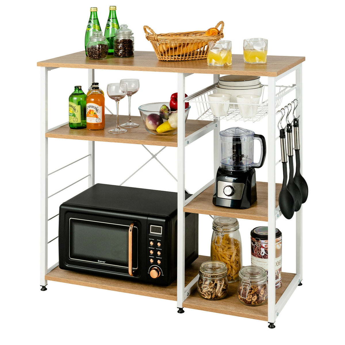 Industrial Kitchen Baker's Rack Microwave Shelf with 6 Hooks-Natural-Baker’s Racks-DECOROLALA