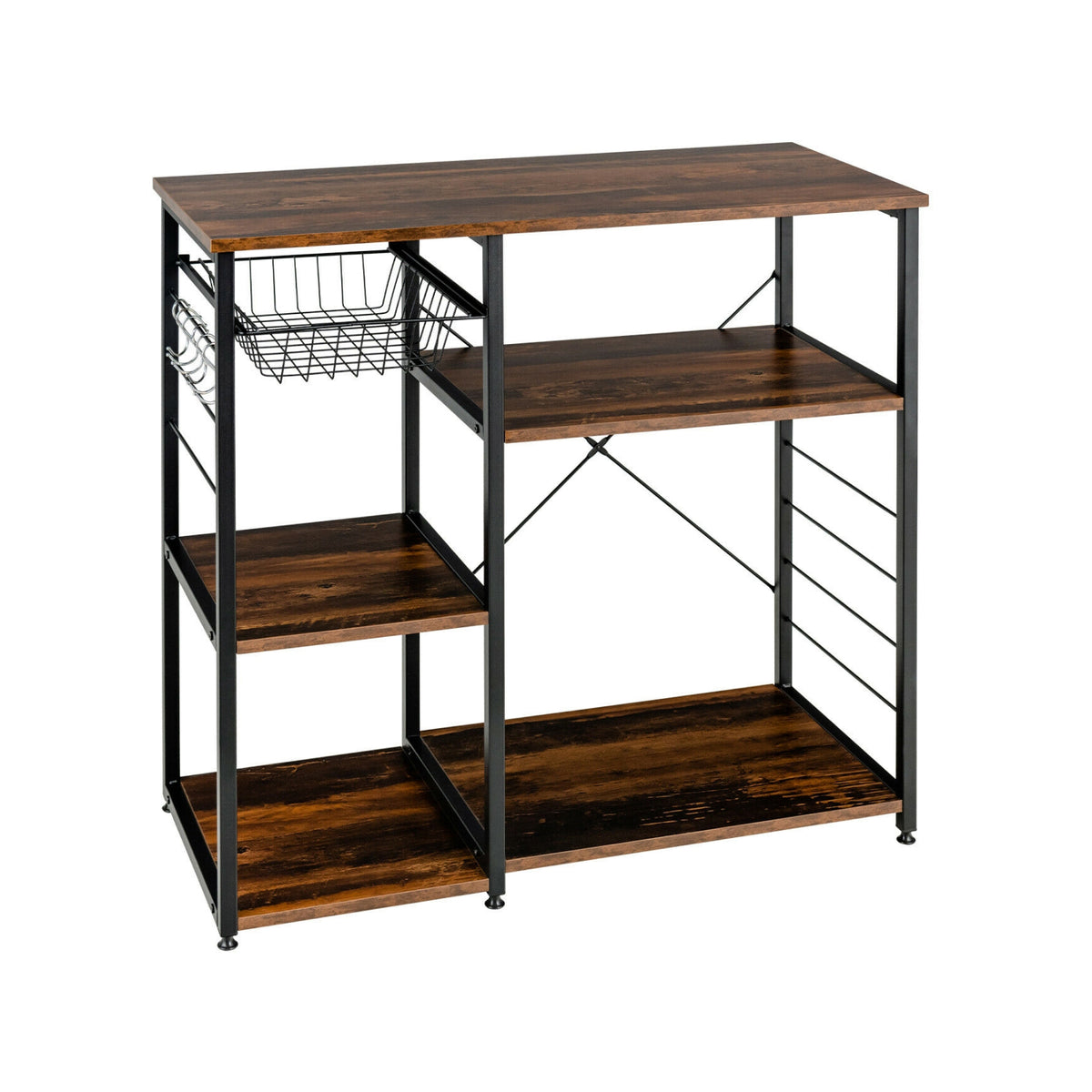 Industrial Kitchen Baker's Rack Microwave Shelf with 6 Hooks-Walnut-Baker’s Racks-DECOROLALA