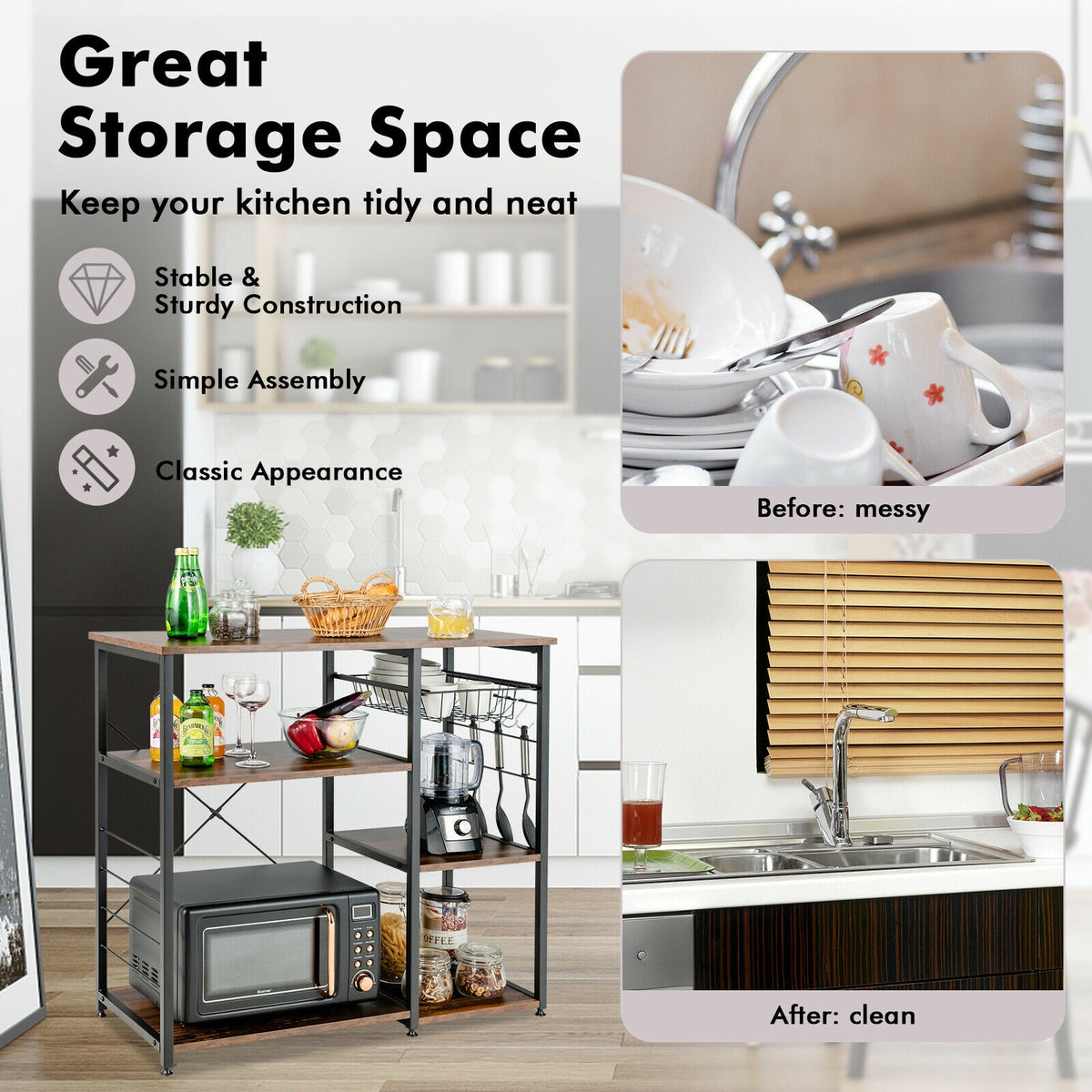 Industrial Kitchen Baker's Rack Microwave Shelf with 6 Hooks-Walnut-Baker’s Racks-DECOROLALA