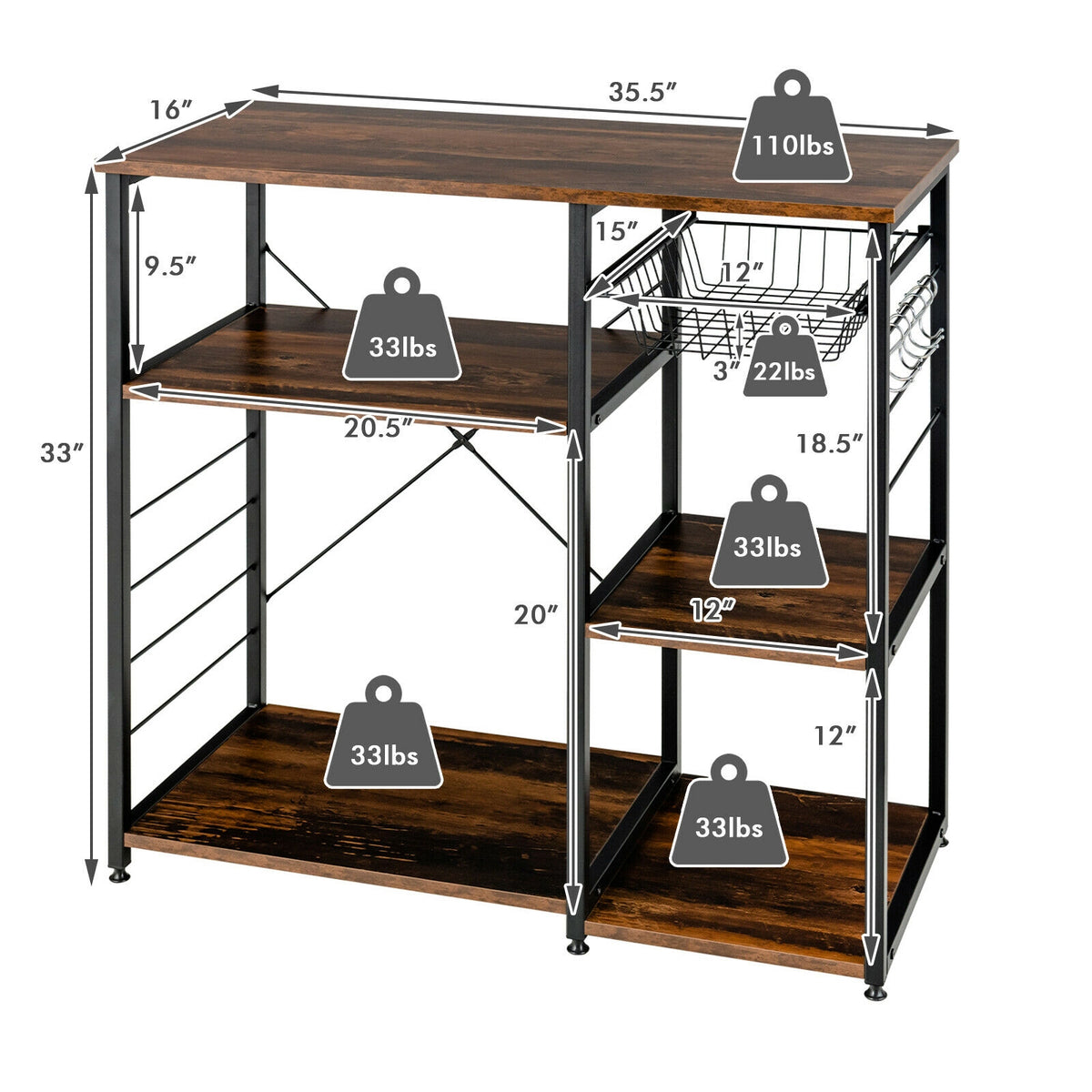 Industrial Kitchen Baker's Rack Microwave Shelf with 6 Hooks-Walnut-Baker’s Racks-DECOROLALA