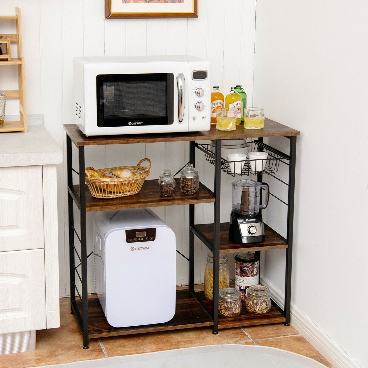 Industrial Kitchen Baker's Rack Microwave Shelf with 6 Hooks-Walnut-Baker’s Racks-DECOROLALA