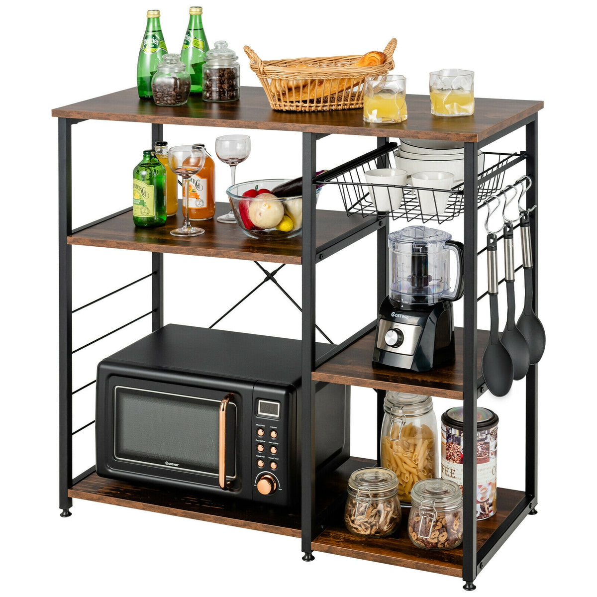 Industrial Kitchen Baker's Rack Microwave Shelf with 6 Hooks-Walnut-Baker’s Racks-DECOROLALA