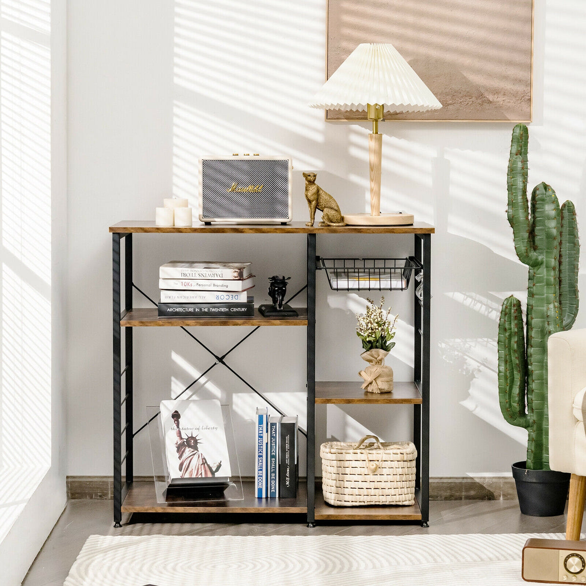 Industrial Kitchen Baker's Rack Microwave Shelf with 6 Hooks-Walnut-Baker’s Racks-DECOROLALA