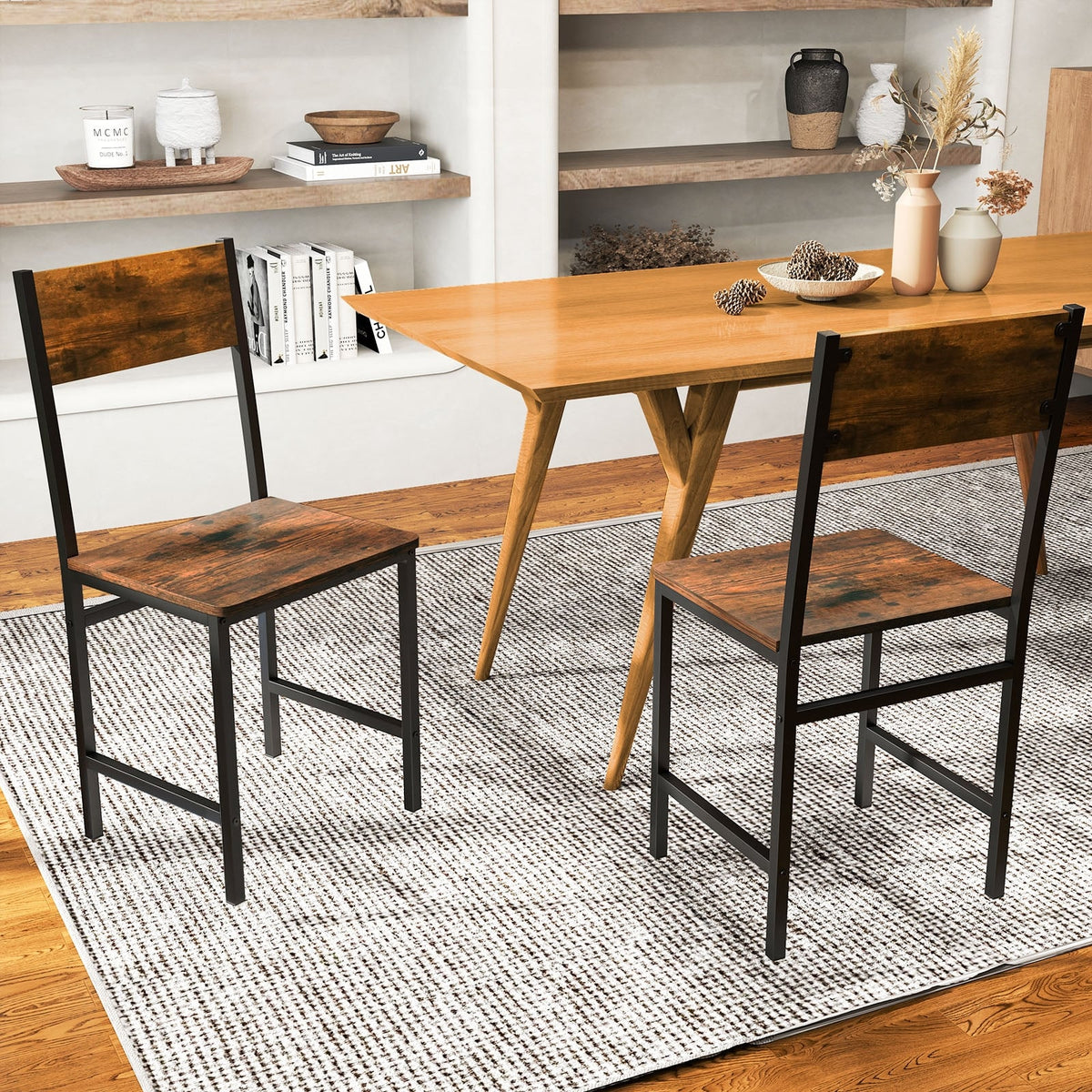 Industrial Kitchen Side Chairs Set of 2 with Metal Legs and Slanted Back-Rustic Brown-Dining Chairs-DECOROLALA