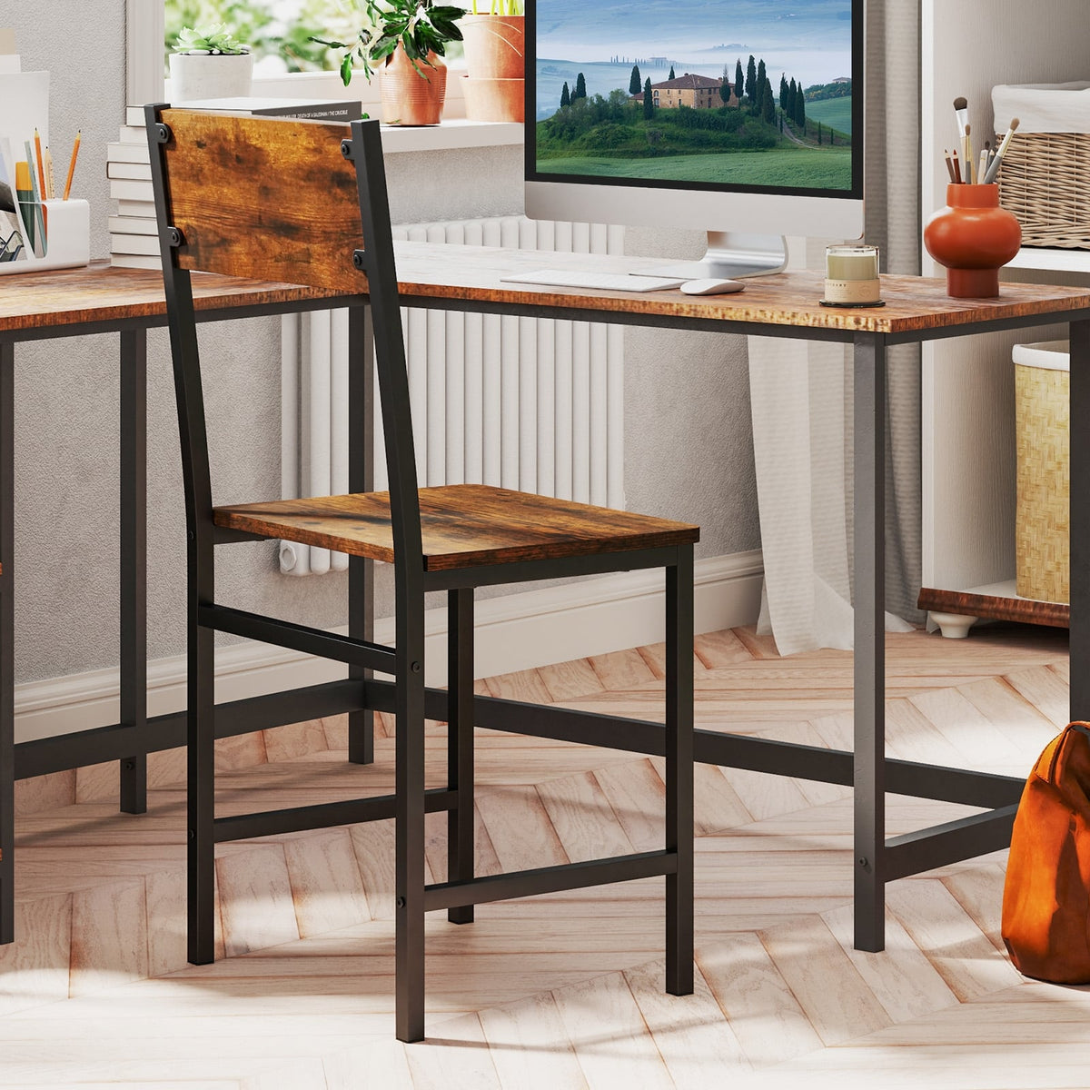 Industrial Kitchen Side Chairs Set of 2 with Metal Legs and Slanted Back-Rustic Brown-Dining Chairs-DECOROLALA