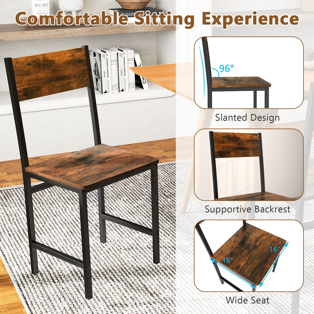 Industrial Kitchen Side Chairs Set of 2 with Metal Legs and Slanted Back-Rustic Brown-Dining Chairs-DECOROLALA