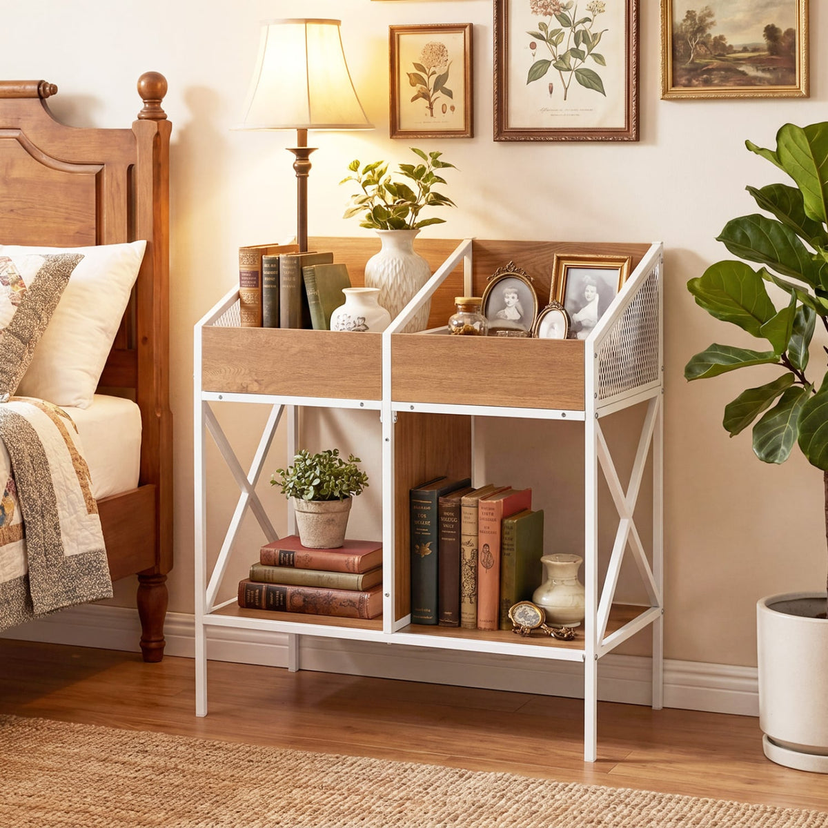 Industrial Magazine Books Record Holder with Metal Frame and Anti-tip Kits-Natrual-End & Side Tables-DECOROLALA