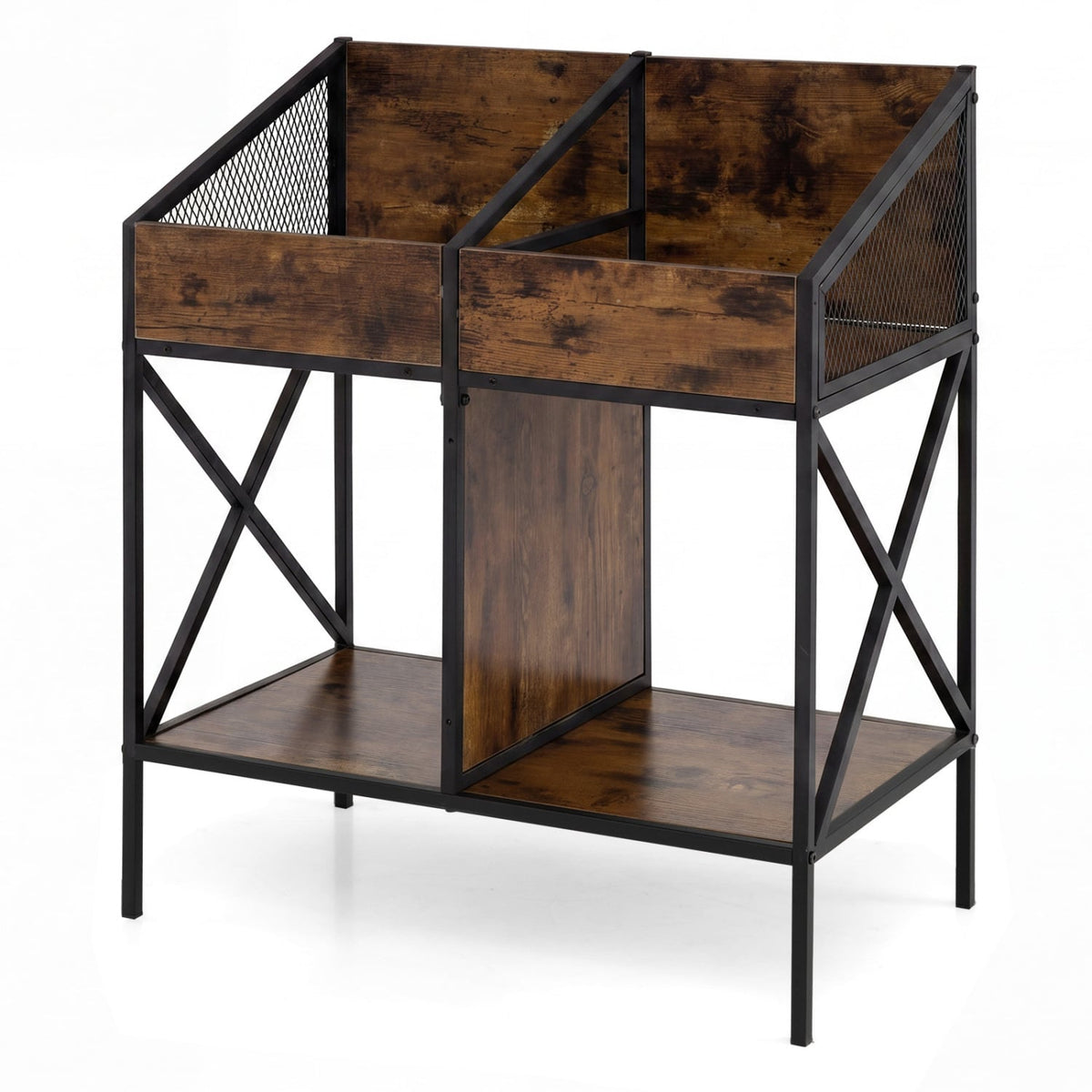 Industrial Magazine Books Record Holder with Metal Frame and Anti-tip Kits-Rustic Brown-End & Side Tables-DECOROLALA