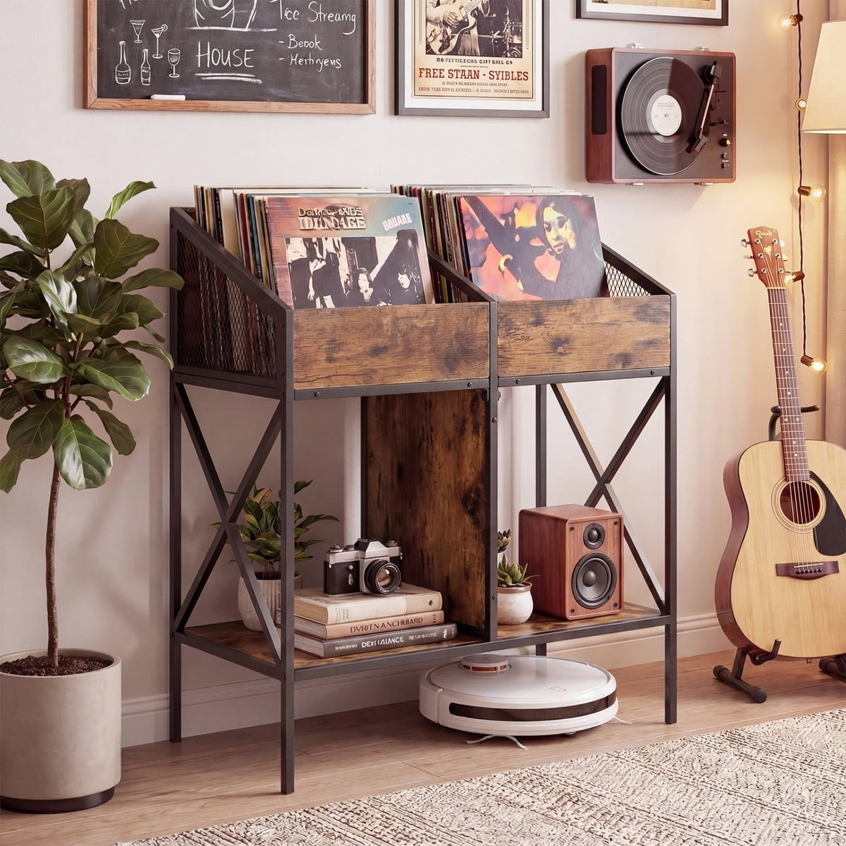 Industrial Magazine Books Record Holder with Metal Frame and Anti-tip Kits-Rustic Brown-End & Side Tables-DECOROLALA