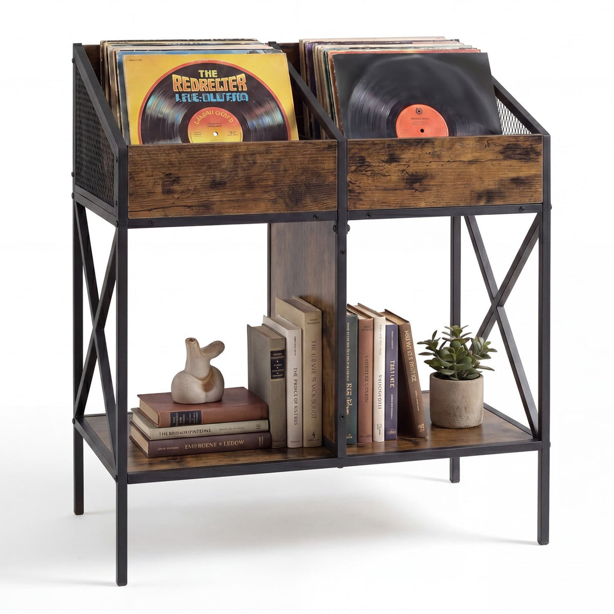 Industrial Magazine Books Record Holder with Metal Frame and Anti-tip Kits-Rustic Brown-End & Side Tables-DECOROLALA