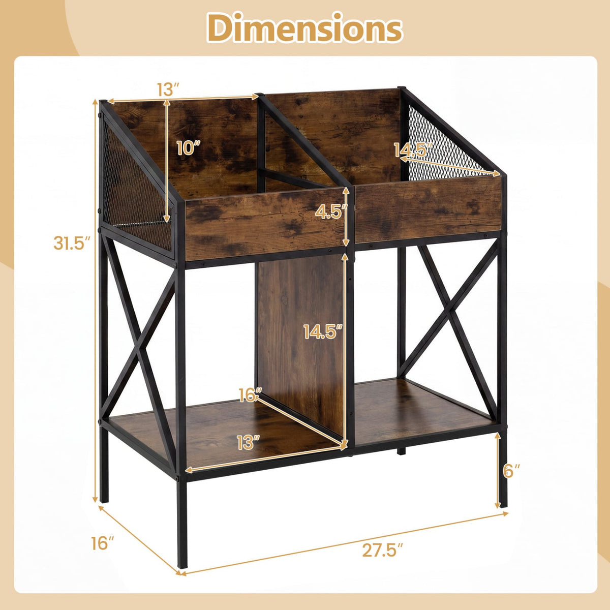 Industrial Magazine Books Record Holder with Metal Frame and Anti-tip Kits-Rustic Brown-End & Side Tables-DECOROLALA