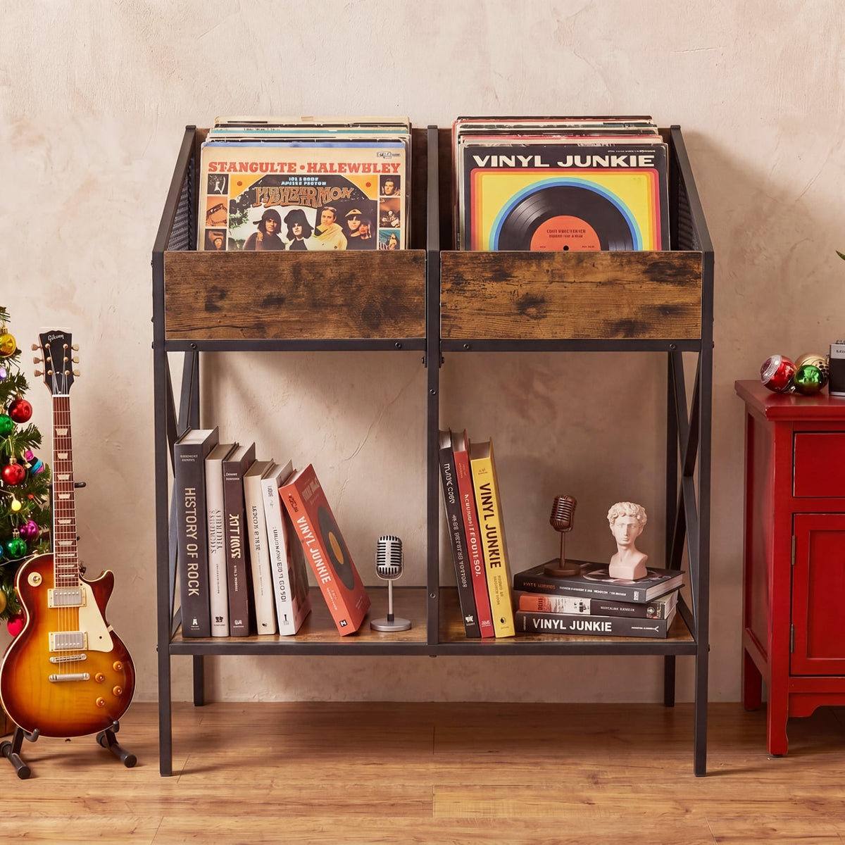 Industrial Magazine Books Record Holder with Metal Frame and Anti-tip Kits-Rustic Brown-End & Side Tables-DECOROLALA