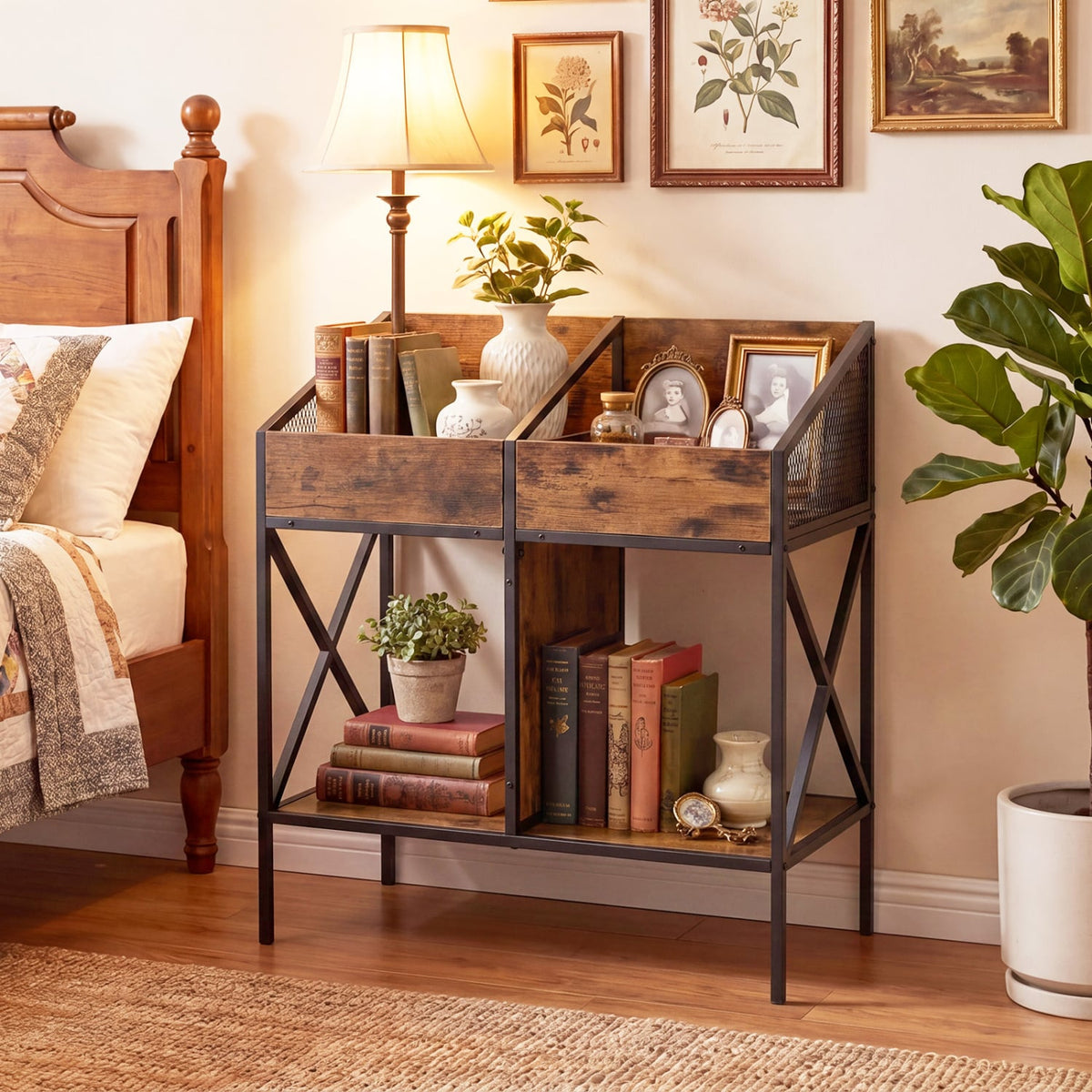Industrial Magazine Books Record Holder with Metal Frame and Anti-tip Kits-Rustic Brown-End & Side Tables-DECOROLALA