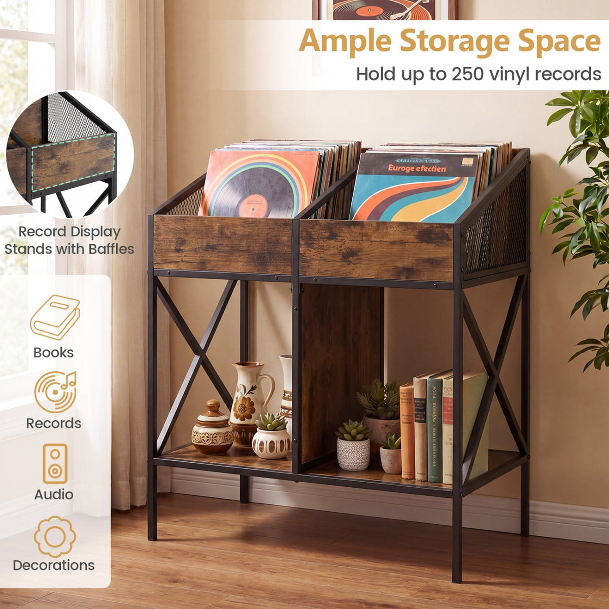 Industrial Magazine Books Record Holder with Metal Frame and Anti-tip Kits-Rustic Brown-End & Side Tables-DECOROLALA