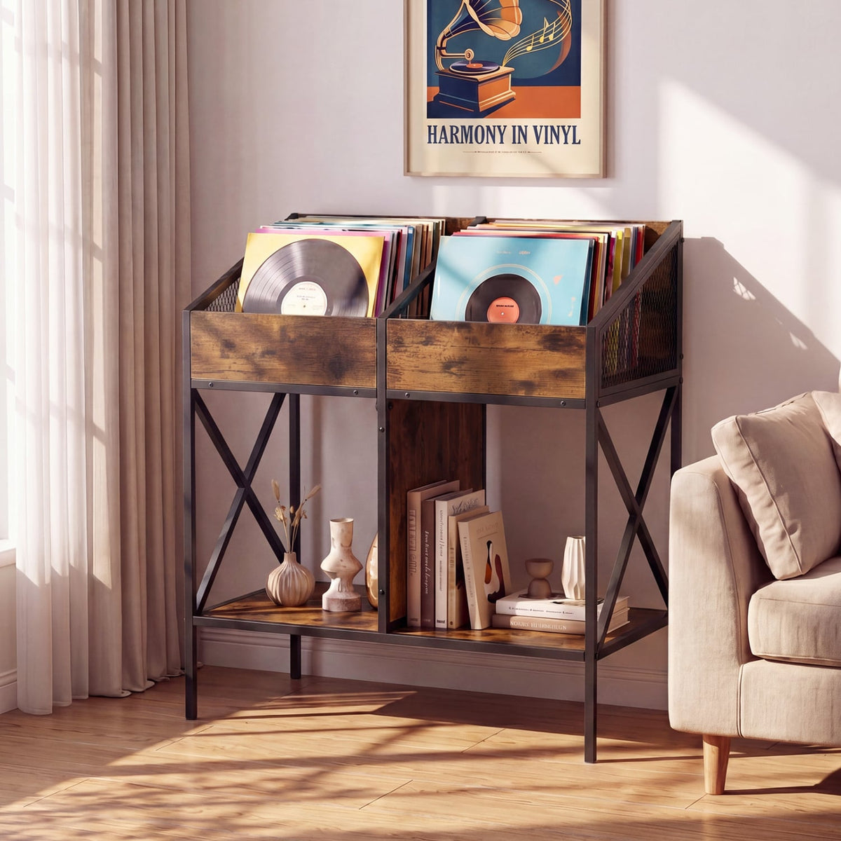 Industrial Magazine Books Record Holder with Metal Frame and Anti-tip Kits-Rustic Brown-End & Side Tables-DECOROLALA