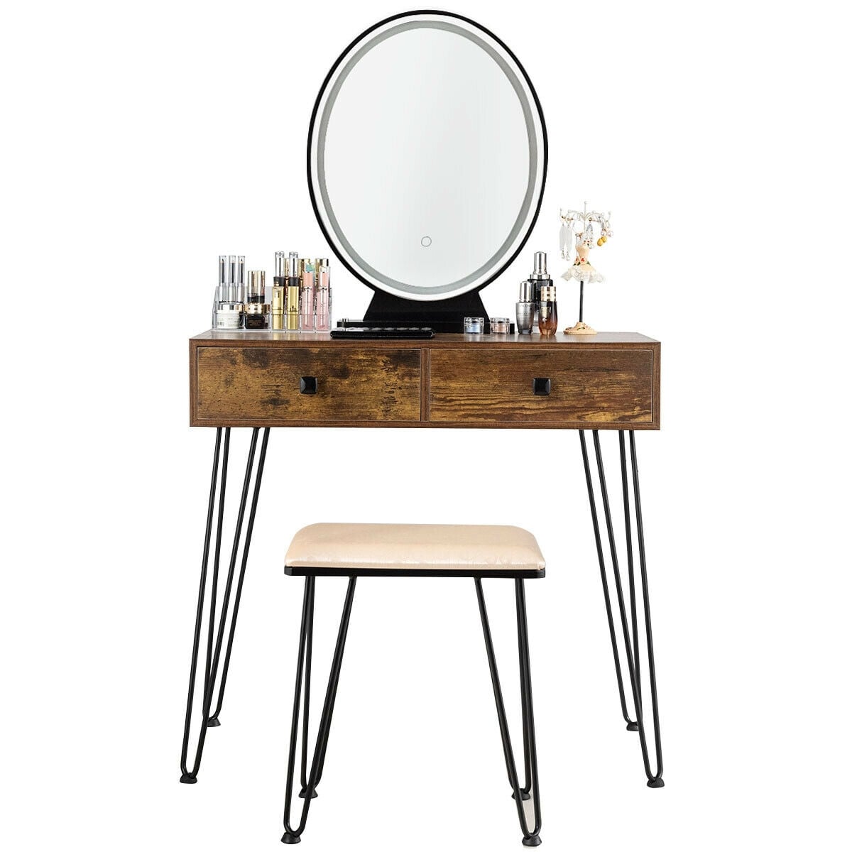 Industrial Makeup Dressing Table with 3 Lighting Modes-Rustic Brown-Makeup Vanities-DECOROLALA