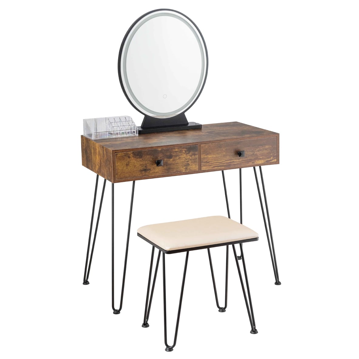 Industrial Makeup Dressing Table with 3 Lighting Modes-Rustic Brown-Makeup Vanities-DECOROLALA