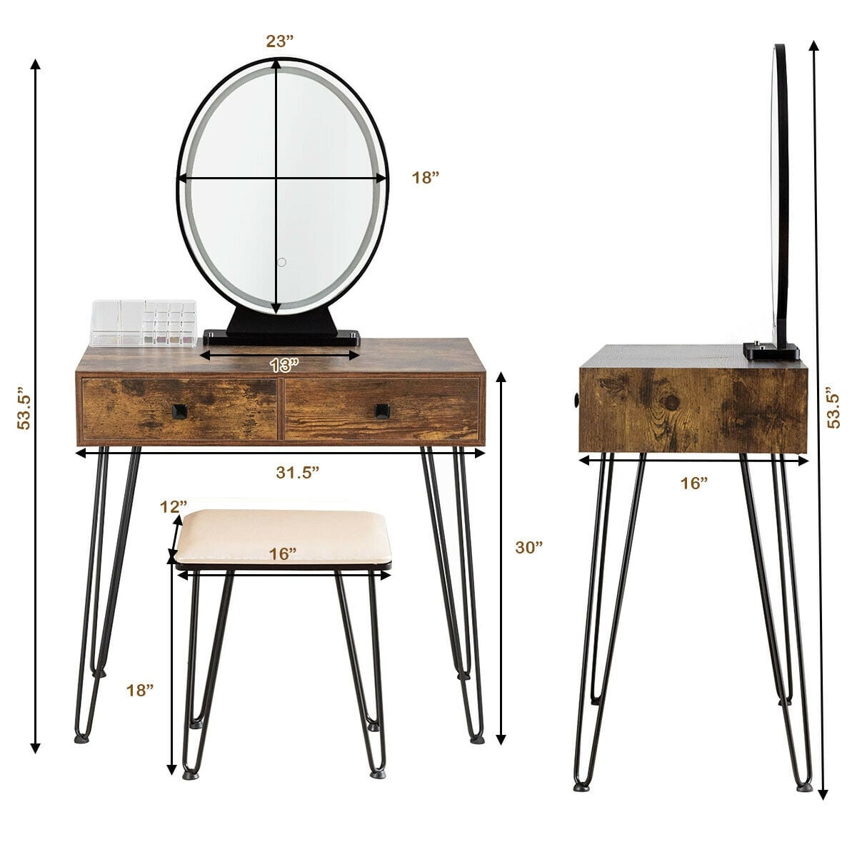 Industrial Makeup Dressing Table with 3 Lighting Modes-Rustic Brown-Makeup Vanities-DECOROLALA