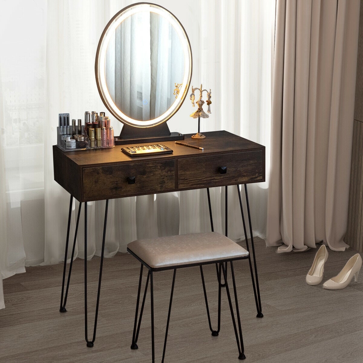 Industrial Makeup Dressing Table with 3 Lighting Modes-Rustic Brown-Makeup Vanities-DECOROLALA
