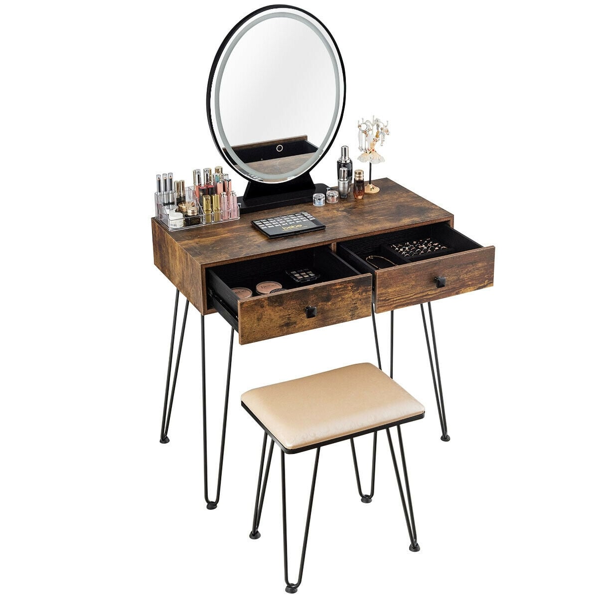 Industrial Makeup Dressing Table with 3 Lighting Modes-Rustic Brown-Makeup Vanities-DECOROLALA
