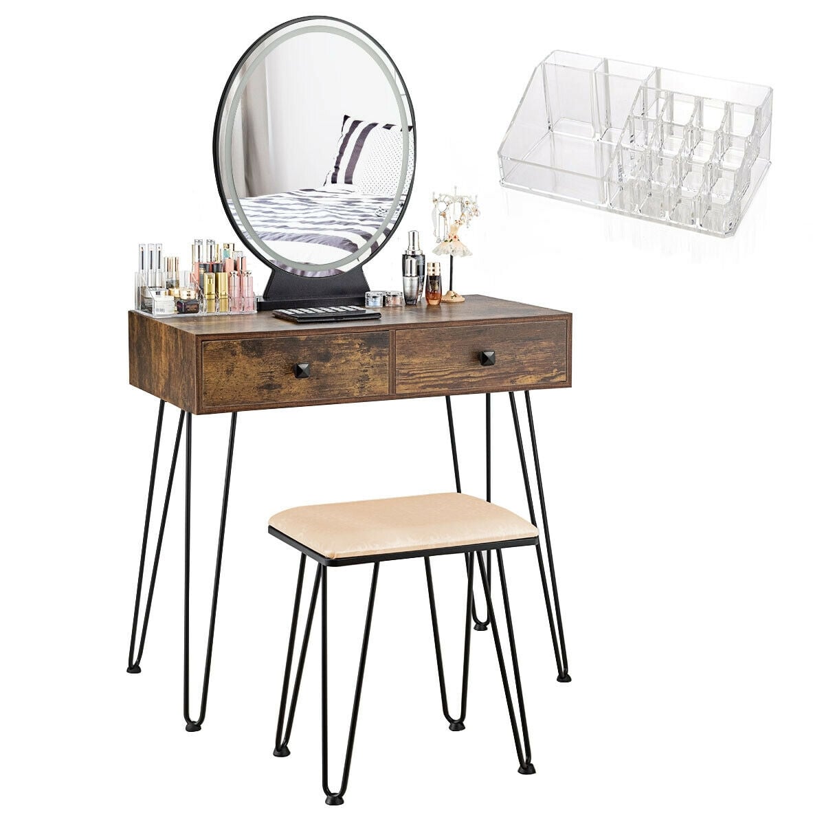 Industrial Makeup Dressing Table with 3 Lighting Modes-Rustic Brown-Makeup Vanities-DECOROLALA