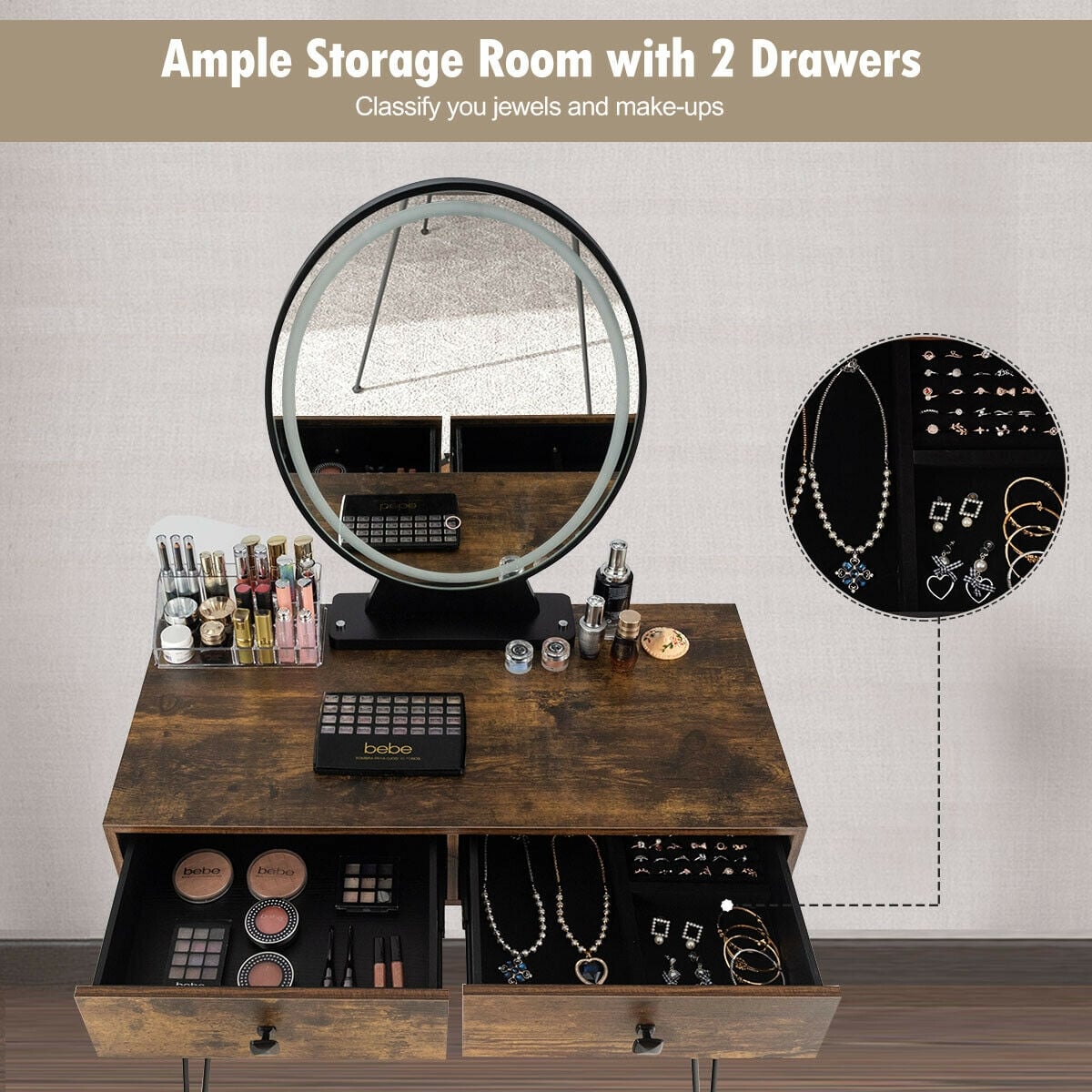 Industrial Makeup Dressing Table with 3 Lighting Modes-Rustic Brown-Makeup Vanities-DECOROLALA