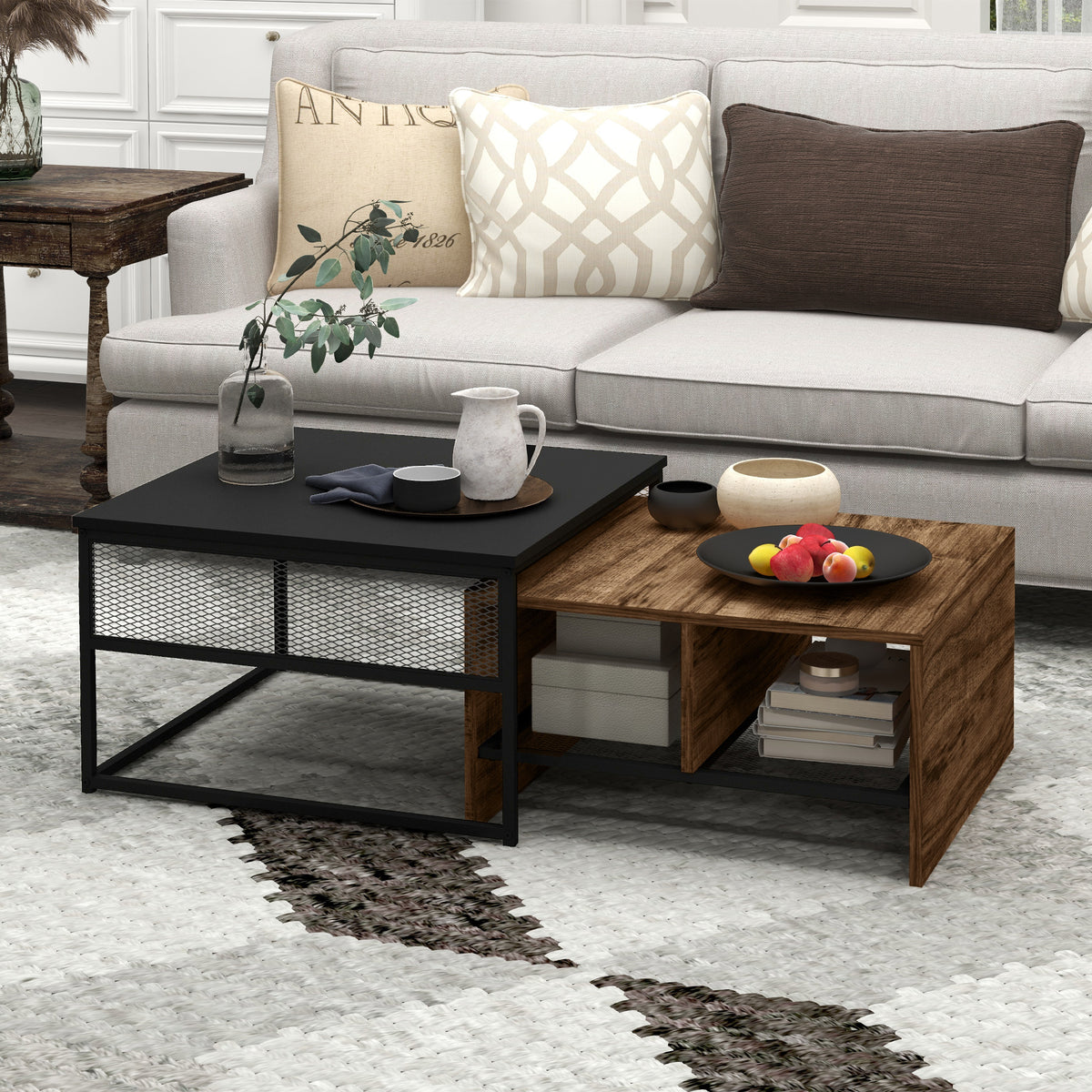 Industrial Nesting Coffee Table Set of 2 - Rustic Brown-Home Furnishings > Living Room Furniture > Coffee Tables-DECOROLALA