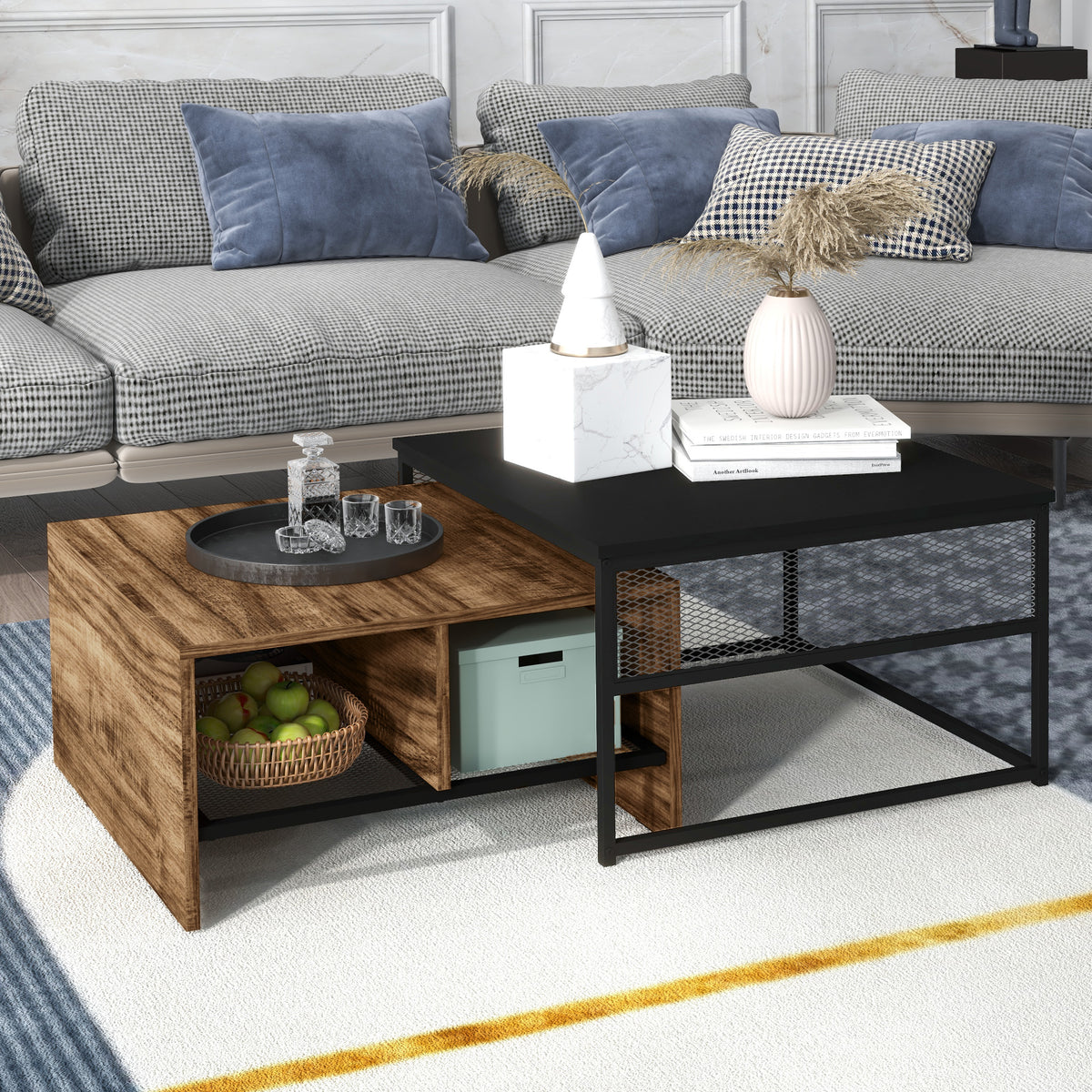 Industrial Nesting Coffee Table Set of 2 - Rustic Brown-Home Furnishings > Living Room Furniture > Coffee Tables-DECOROLALA