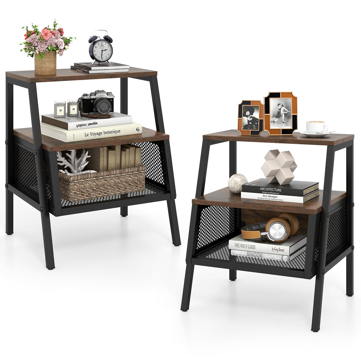 Industrial Nightstand 3-Tier End Table Set of 2 with 2 Open Shelves and Metal Mesh Compartment-Rustic Brown-Nightstands-DECOROLALA