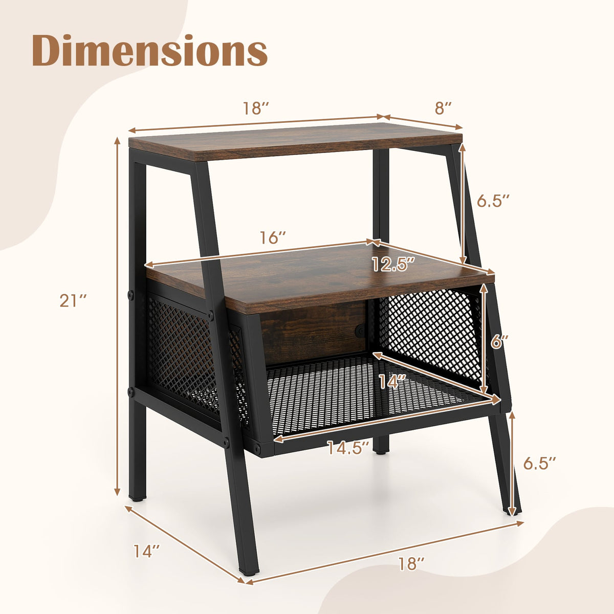 Industrial Nightstand 3-Tier End Table Set of 2 with 2 Open Shelves and Metal Mesh Compartment-Rustic Brown-Nightstands-DECOROLALA
