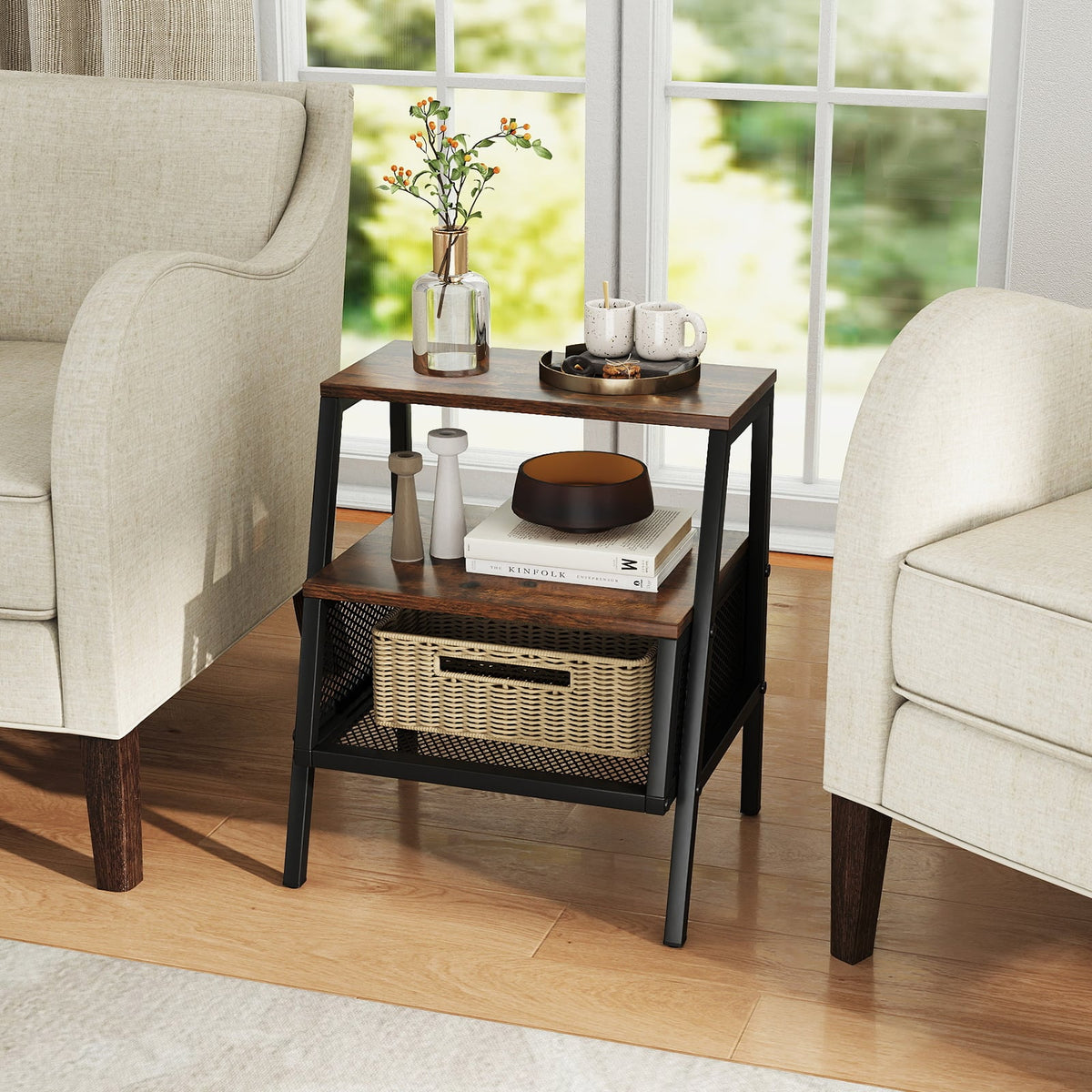 Industrial Nightstand 3-Tier End Table Set of 2 with 2 Open Shelves and Metal Mesh Compartment-Rustic Brown-Nightstands-DECOROLALA