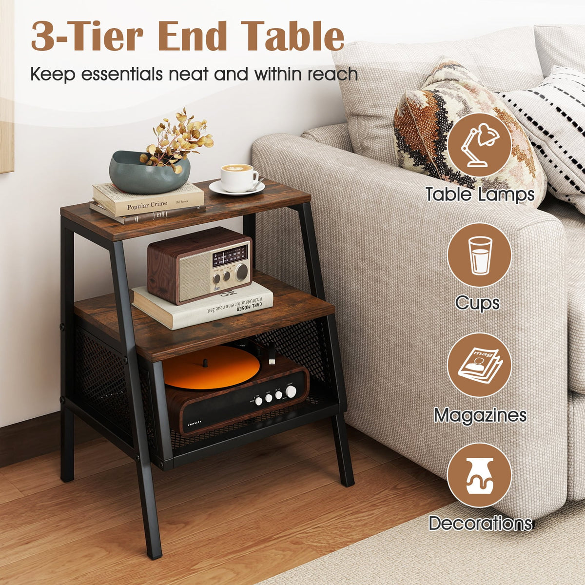 Industrial Nightstand 3-Tier End Table Set of 2 with 2 Open Shelves and Metal Mesh Compartment-Rustic Brown-Nightstands-DECOROLALA