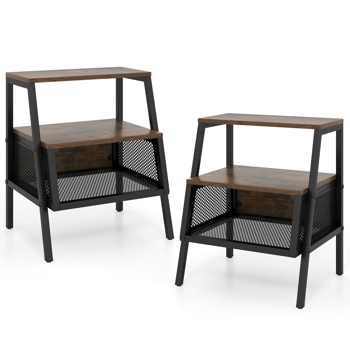 Industrial Nightstand 3-Tier End Table Set of 2 with 2 Open Shelves and Metal Mesh Compartment-Rustic Brown-Nightstands-DECOROLALA