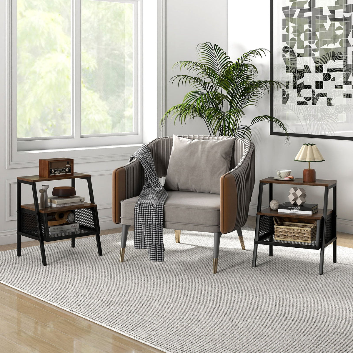 Industrial Nightstand 3-Tier End Table Set of 2 with 2 Open Shelves and Metal Mesh Compartment-Rustic Brown-Nightstands-DECOROLALA