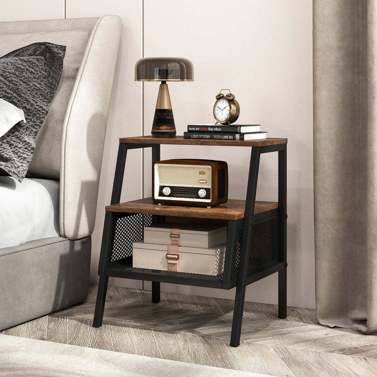 Industrial Nightstand 3-Tier End Table with 2 Open Shelves and Metal Mesh Compartment-Rustic Brown-Nightstands-DECOROLALA