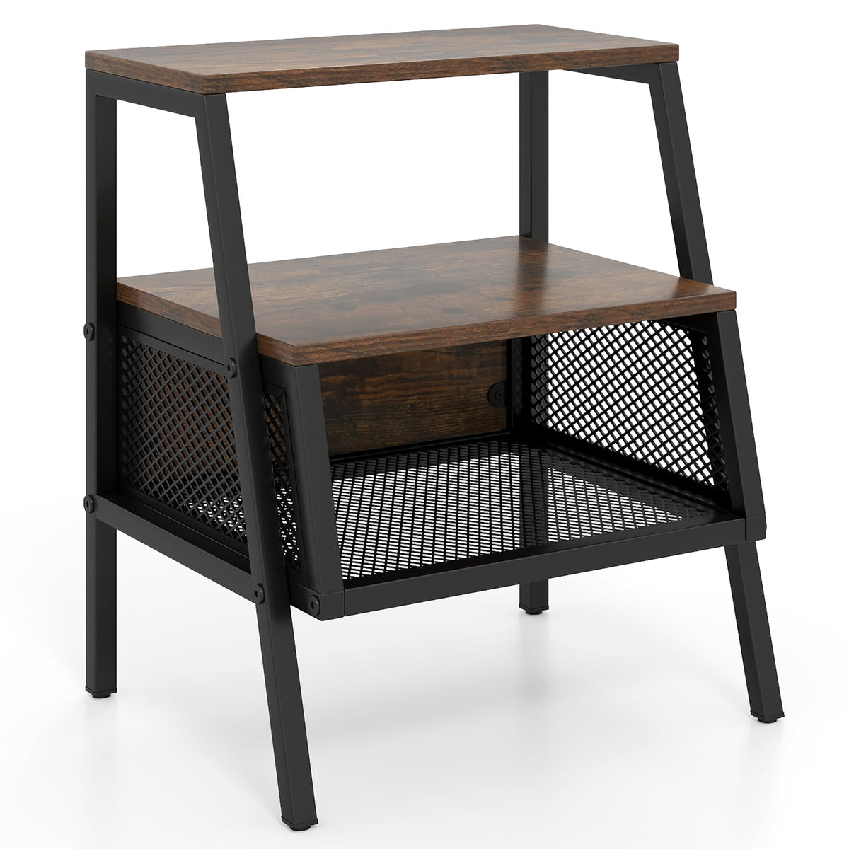 Industrial Nightstand 3-Tier End Table with 2 Open Shelves and Metal Mesh Compartment-Rustic Brown-Nightstands-DECOROLALA