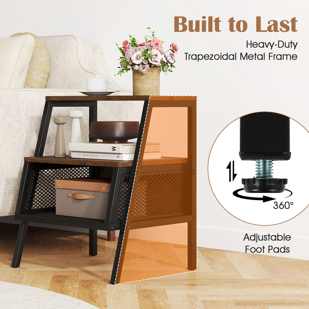 Industrial Nightstand 3-Tier End Table with 2 Open Shelves and Metal Mesh Compartment-Rustic Brown-Nightstands-DECOROLALA