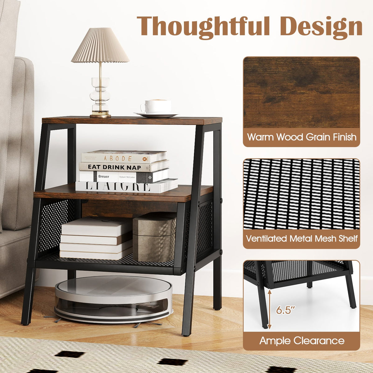 Industrial Nightstand 3-Tier End Table with 2 Open Shelves and Metal Mesh Compartment-Rustic Brown-Nightstands-DECOROLALA