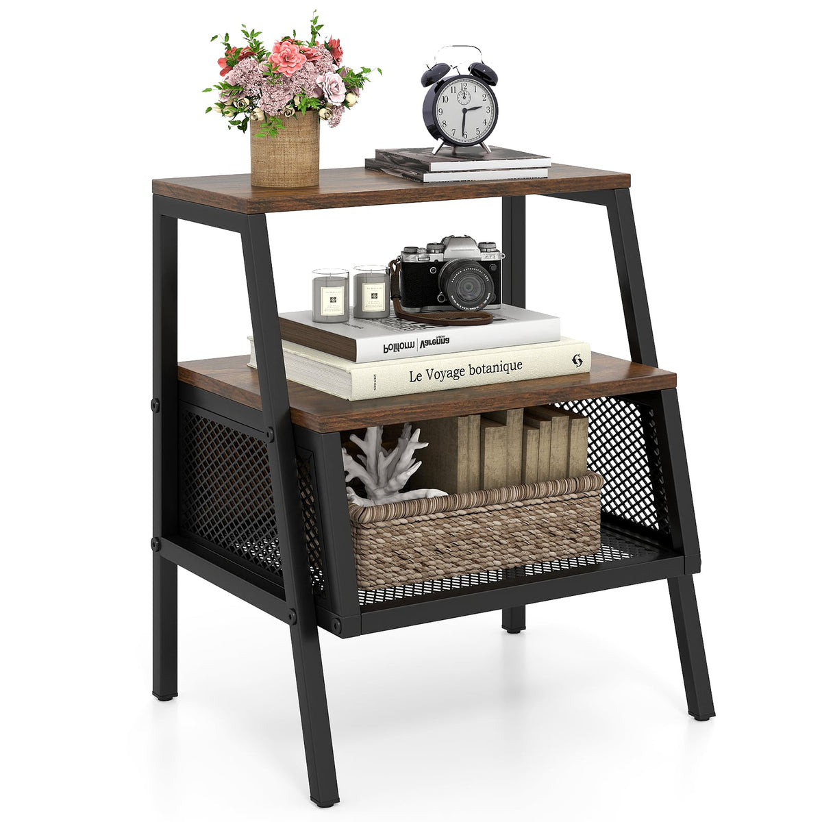 Industrial Nightstand 3-Tier End Table with 2 Open Shelves and Metal Mesh Compartment-Rustic Brown-Nightstands-DECOROLALA