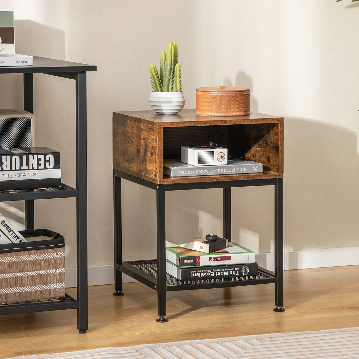 Industrial Nightstand End Side Table with Mesh Shelf-Nightstands-DECOROLALA