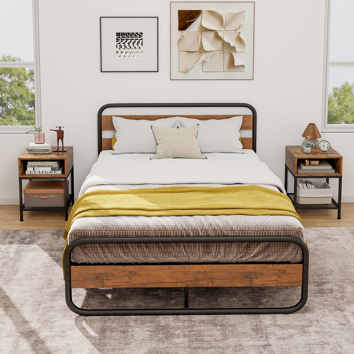 Industrial Nightstand End Side Table with Mesh Shelf-Nightstands-DECOROLALA