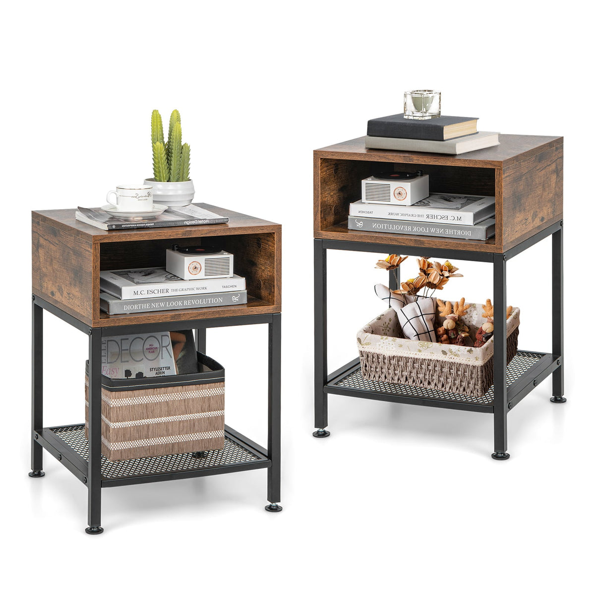 Industrial Nightstand End Side Table with Mesh Shelf-Nightstands-DECOROLALA